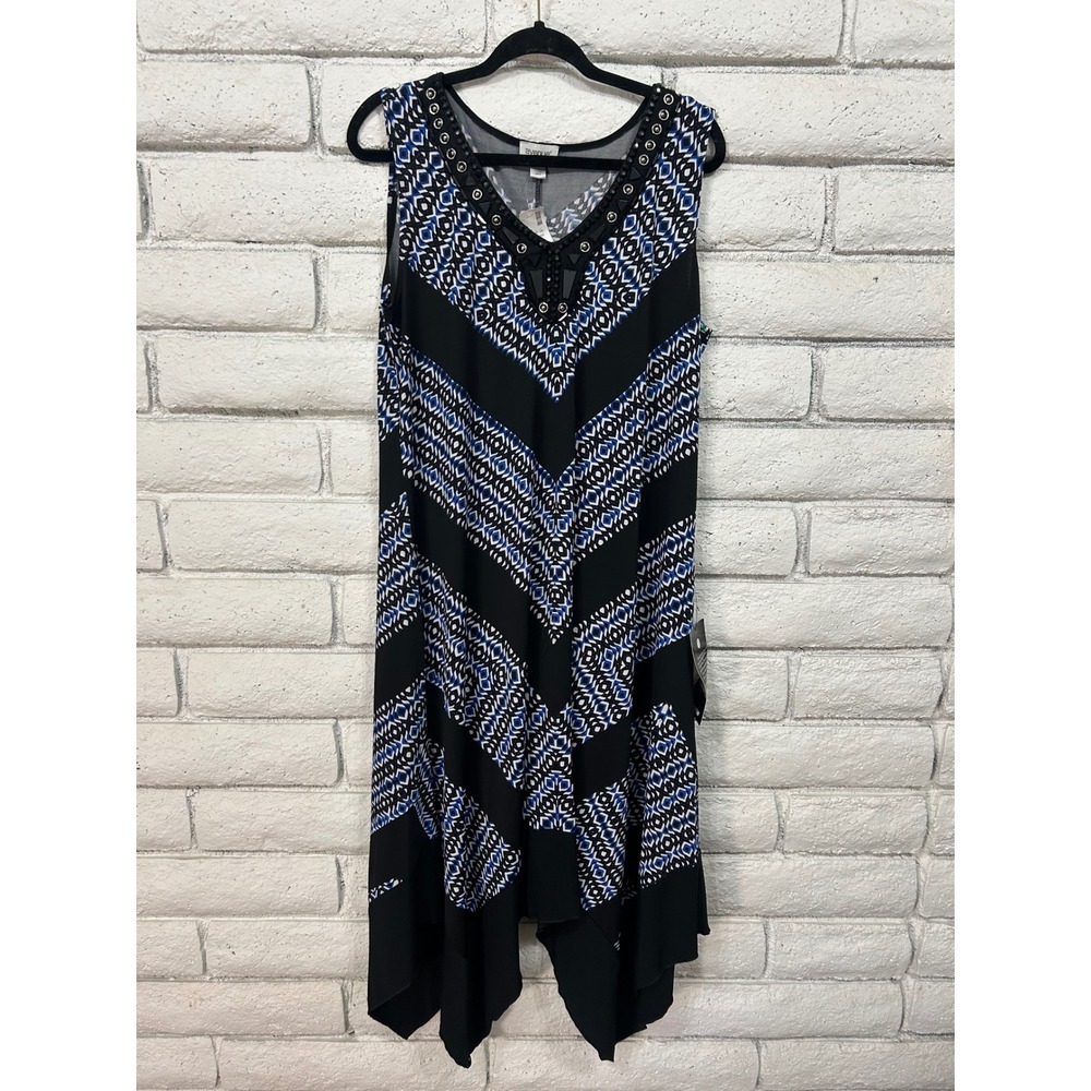 Avenue Blue Black Geometric Chevron Handkerchief Hem Embellished Dress 14/16 NWT